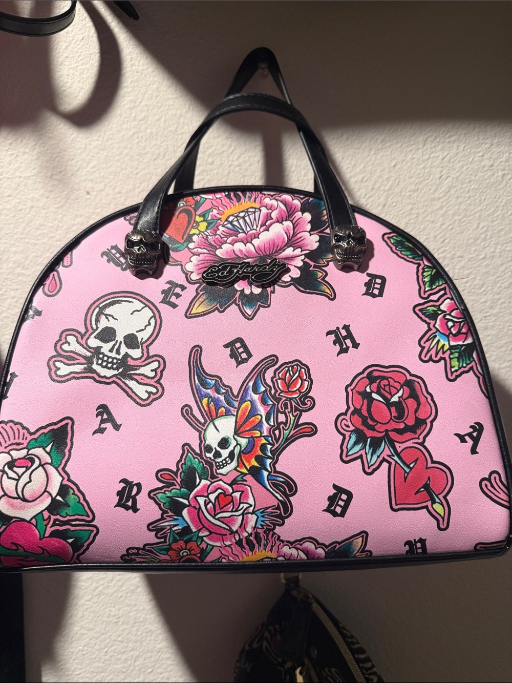 Ed Hardy Pink Tattoo-Print Dome Satchel lunch tote.
